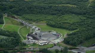 AX109_138E - 5.5K aerial stock footage of panning across the Falkirk Wheel in Scotland
