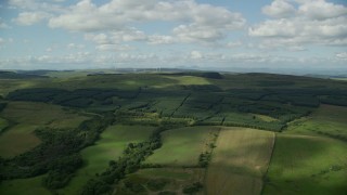 AX110_003E - 5.5K aerial stock footage fly over Scottish forest, Banton, Scotland