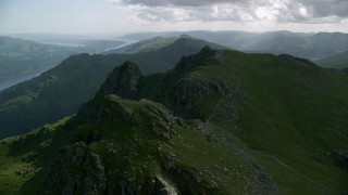 AX110_077 - 5.5K aerial stock footage of The Cobbler a green peak, Scottish Highlands, Scotland