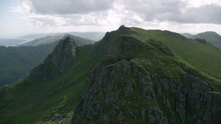 AX110_084 - 5.5K aerial stock footage fly away from The Cobbler, with Loch Long in the background, Scottish Highlands, Scotland