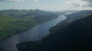 AX110_089 - 5.5K aerial stock footage of a view of the calm waters of Loch Long, Scottish Highlands, Scotland
