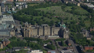 AX110_183E - 5.5K aerial stock footage of the Glasgow Royal Infirmary hospital in Scotland