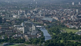 AX110_191 - 5.5K stock footage aerial video of River Clyde flowing through Glasgow, Scotland
