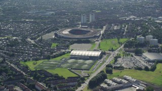 AX110_192E - 5.5K aerial stock footage approach the Hampden Park soccer stadium, Glasgow, Scotland