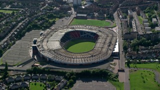 AX110_193 - 5.5K stock footage aerial video approach the Hampden Park soccer stadium, Glasgow, Scotland