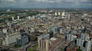 AX110_210 - 5.5K aerial stock footage of office buildings and hotel in Glasgow, Scotland