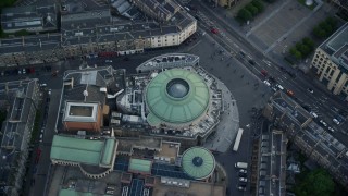 AX111_137 - 5.5K aerial stock footage of a bird's eye view of the Traverse Theatre and Usher Hall concert hall, Edinburgh, Scotland