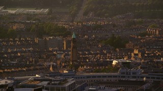 AX112_030 - 5.5K aerial stock footage of Saint George's West Church, Edinburgh, Scotland at sunset