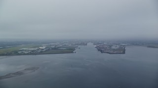 AX113_073E - 5.5K aerial stock footage of Port of Belfast in Belfast Harbor, Northern Ireland