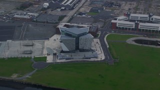 AX113_086 - 5.5K aerial stock footage of the Titanic Museum, Belfast, Northern Ireland