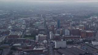 AX113_102E - 5.5K aerial stock footage approach Belfast City Hall on Grosvenor Road, Belfast, Northern Ireland