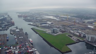 AX113_119 - 5.5K aerial stock footage of Port of Belfast and Titanic Museum in Northern Ireland
