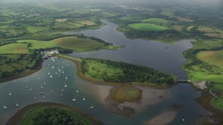 AX113_157E - 5.5K aerial stock footage of Quoile Yacht Club in Strangford Lough, Downpatrick, Northern Ireland