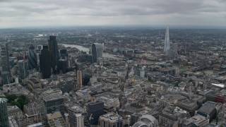AX114_045 - 5.5K aerial stock footage approach 20 Fenchurch skyscraper near the river and The Shard, Central London, England