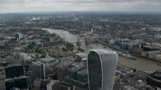 AX114_048 - 5.5K stock footage aerial video fly over 20 Fenchurch Street toward Tower Bridge and River Thames, London, England