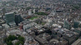 AX114_064 - 5.5K aerial stock footage fly over office buildings, approach Artillery Ground and Finsbury Square, Central London, England