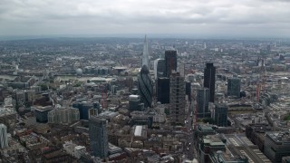 AX114_071 - 5.5K aerial stock footage approaching The Gherkin skyscraper with view of The Shard, Central London, England