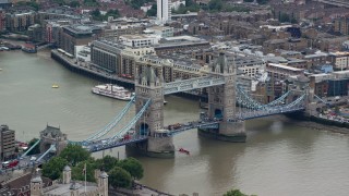AX114_085 - 5.5K aerial stock footage of an orbit of the Tower Bridge, London, England