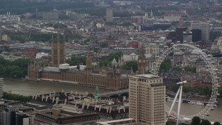 AX114_164E - 5.5K aerial stock footage of Big Ben and Parliament by the River Thames, London, England