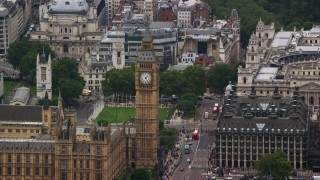 AX114_181E - 5.5K aerial stock footage video of a view of famous Big Ben, London, England