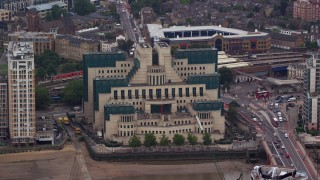 AX114_193 - 5.5K aerial stock footage of a close-up view of the MI6 Building, London, England