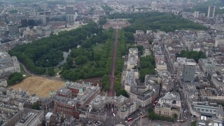 AX114_204E - 5.5K aerial stock footage fly over The Mall toward Buckingham Palace, London, England