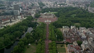 AX114_206 - 5.5K stock footage aerial video fly over The Mall toward Buckingham Palace, London, England