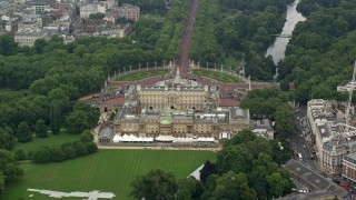 AX114_215 - 5.5K stock footage aerial video of orbiting the back of Buckingham Palace, London, England