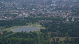 AX114_249E - 5.5K aerial stock footage of Kensington Palace and Round Pond, London, England