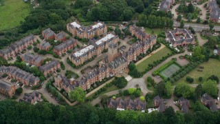 AX114_349 - 5.5K aerial stock footage of a bird's eye view of Holloway Sanatorium, Virginia Water, England