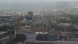 AX115_109E - 5.5K aerial stock footage of a view of Big Ben and Parliament, London, England
