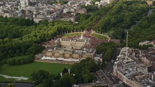 AX115_127E - 5.5K aerial stock footage of an orbit of Buckingham Palace, London, England