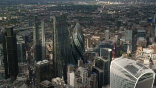 AX115_189 - 5.5K stock footage aerial video approach The Gherkin and Leadenhall Building skyscrapers, Central London, England