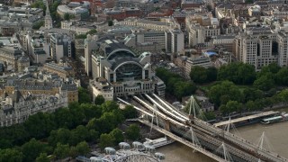 AX115_203 - 5.5K aerial stock footage of orbiting London Charing Cross Railway Station, England
