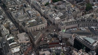 AX115_209E - 5.5K aerial stock footage of Piccadilly Circus, London, England