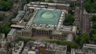 AX115_235 - 5.5K aerial stock footage of the front entrance to the British Museum, London, England