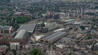 AX115_236 - 5.5K aerial stock footage of Kings Cross Station and office buildings, London, England
