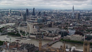 AX115_253E - 5.5K aerial stock footage of a wide view of Central London, The Shard, London Eye and Thames, England