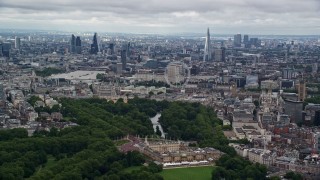 AX115_264E - 5.5K aerial stock footage the London cityscape seen from Buckingham Palace, England