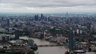 AX115_272 - 5.5K aerial stock footage of Central London skyscrapers seen from near MI6 Building, England