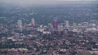 AX115_284E - 5.5K aerial stock footage flyby a group of office buildings, Croydon, England