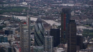 AX116_014 - 5.5K aerial stock footage of an orbit of Central London skyscrapers, London, England, twilight