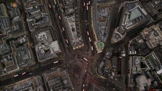 AX116_039 - 5.5K aerial stock footage of a bird's eye view of Piccadilly Circus and Regent Street, London, England, twilight
