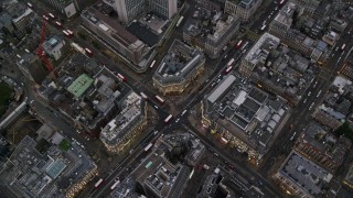 AX116_042E - 5.5K aerial stock footage of a bird's eye view of Oxford Circus, London, England, twilight