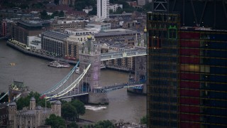 AX116_088 - 5.5K aerial stock footage flyby 122 Leadenhall Street to reveal Tower Bridge and River Thames, London, England, twilight