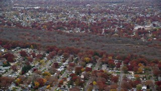 AX117_054 - 5.5K aerial stock footage of a view of nature preserve trees in Autumn, Massapequa, New York