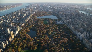 AX118_190 - 5.5K stock footage aerial video of flying over Central Park with Autumn leaves at sunrise in New York City