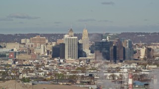 AX119_003 - 5.5K aerial stock footage of a view of skyscrapers in Downtown Newark, New Jersey