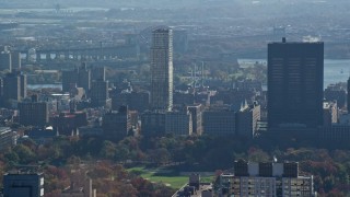 AX119_037 - 5.5K aerial stock footage of Mt Sinai Hospital Buildings in Autumn, Upper East Side, New York City