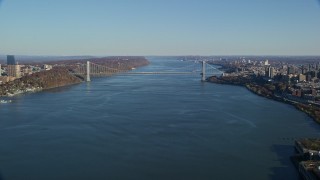AX119_040 - 5.5K aerial stock footage approach George Washington Bridge in Autumn, New York City